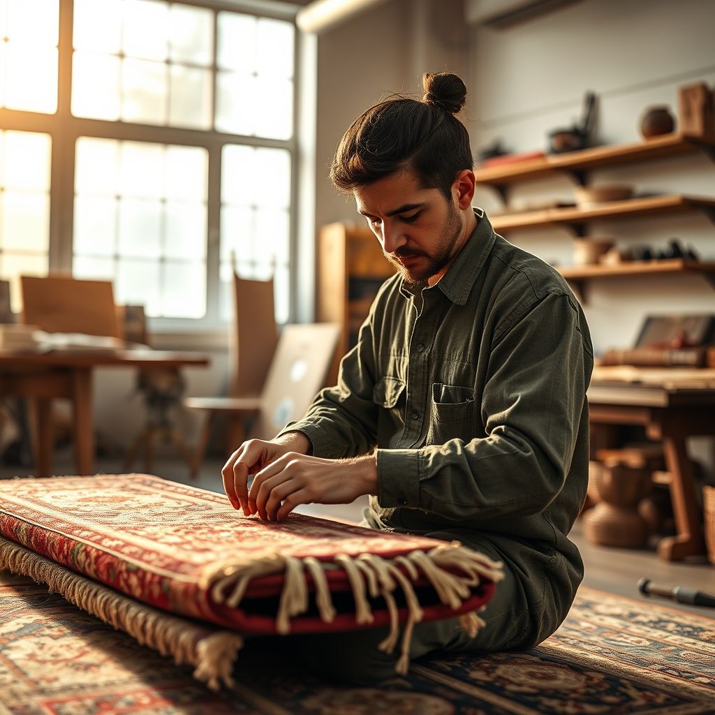 Dans un atelier lumineux, un artisan travaille avec minutie sur un tapis de qualité. L'environnement est moderne avec des outils traditionnels mêlés à un design contemporain. L'artisan est concentré, illustrant le savoir-faire et l'attention portée à chaque détail. La scène exprime l'alliance entre tradition et innovation, avec une ambiance chaleureuse et professionnelle.