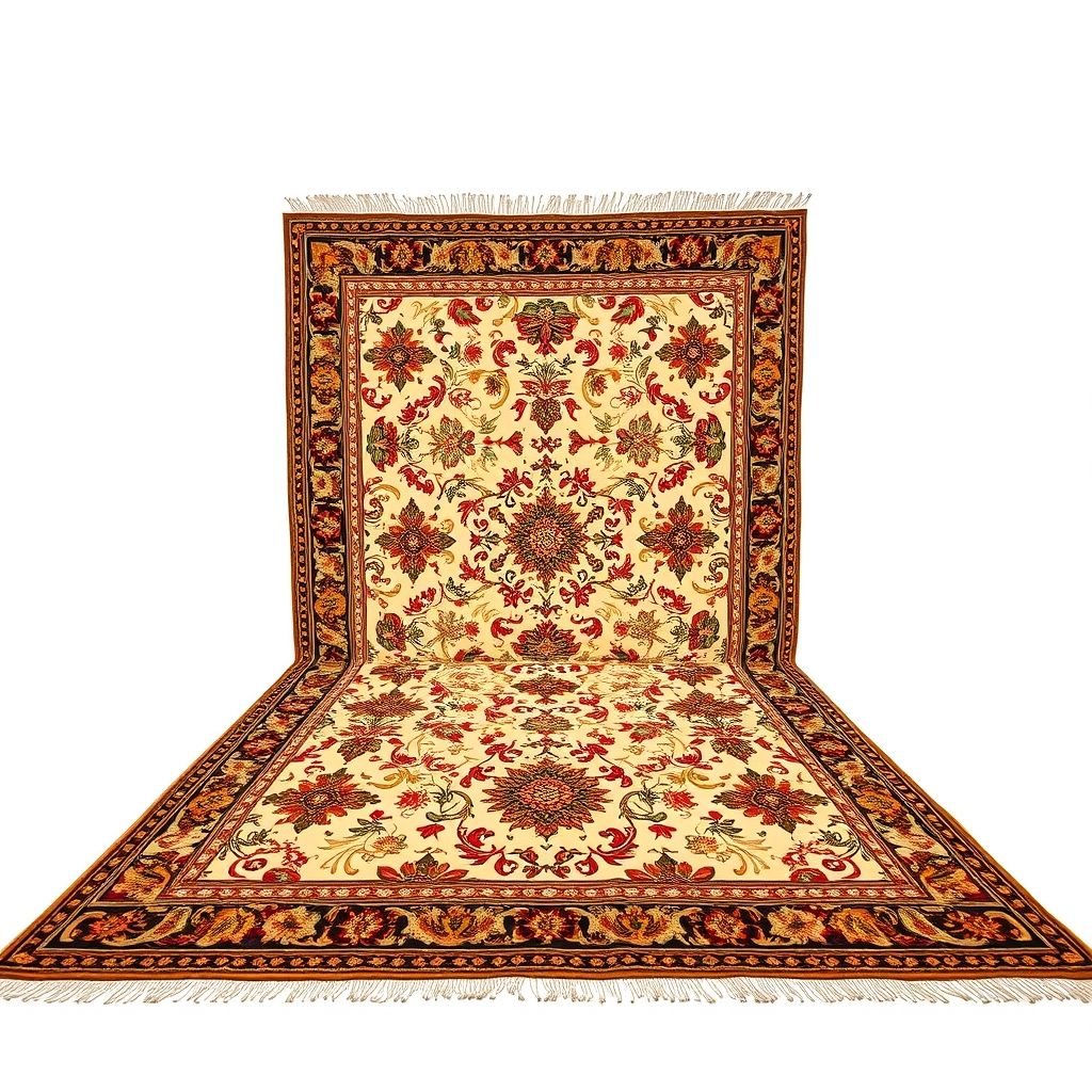 Un tapis traditionnel aux motifs riches est exposé sur un sol clair, illustrant l'excellence du travail artisanal Kabrenfeders.