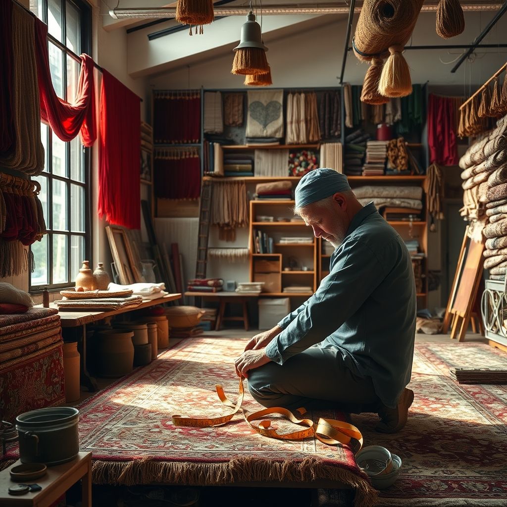 Un artisan mesure et conçoit un tapis personnalisé, illustrant un travail sur mesure pour répondre à toutes les demandes d’intérieur.