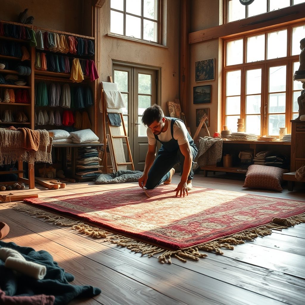 Un artisan mesurant un tapis personnalisé, garantissant une adaptation parfaite à votre espace.