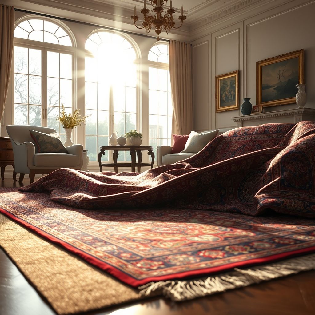 Un tapis traditionnel richement décoré posé dans un salon élégant, illustrant la qualité artisanale.