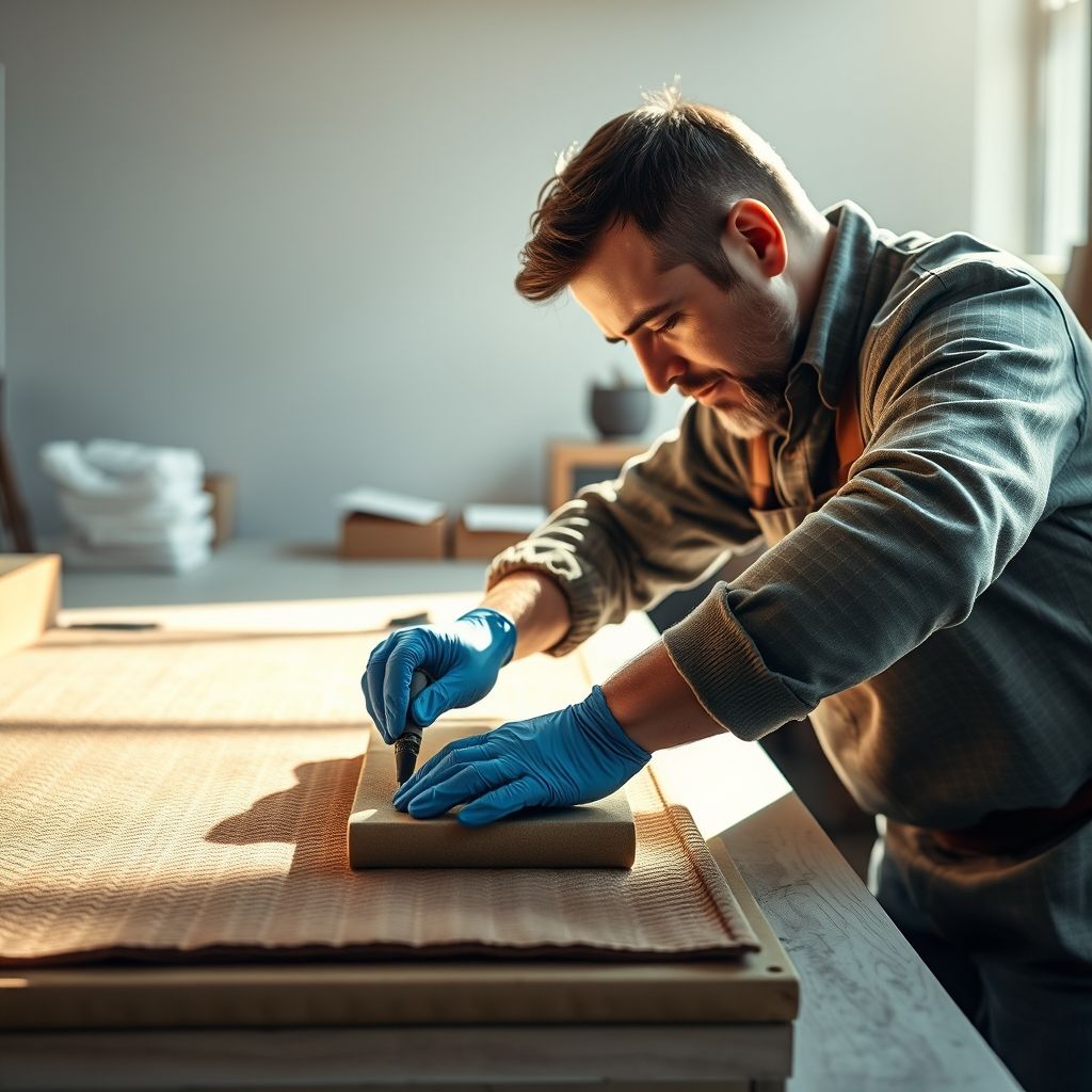 Un artisan porte des gants bleus et travaille avec précision sur un tapis texturé, appliquant un traitement spécifique. L'espace est propre et lumineux, symbolisant un soin expert et un engagement envers la qualité.