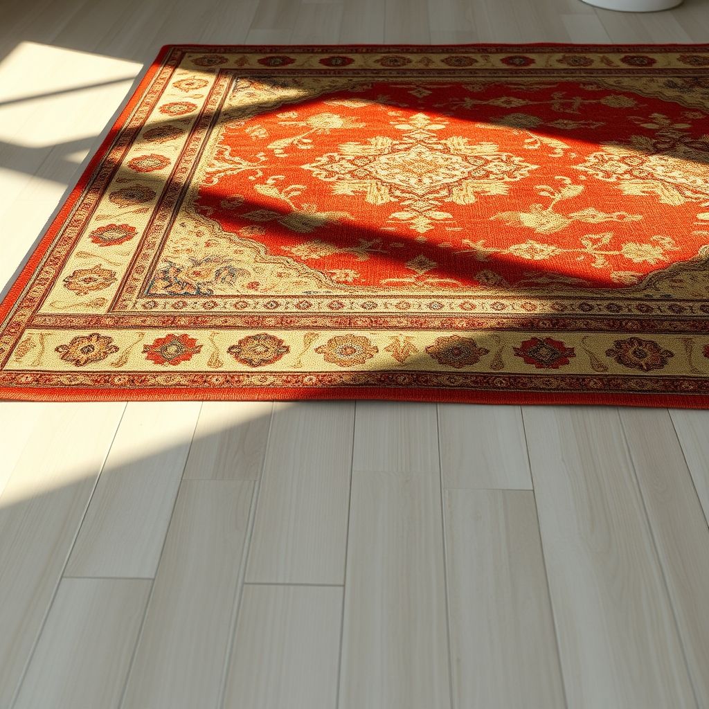 Un tapis traditionnel aux motifs riches et aux couleurs chaudes est exposé sur un sol clair. La texture et la finesse du tissage sont mises en avant, révélant un savoir-faire artisanal d’exception.