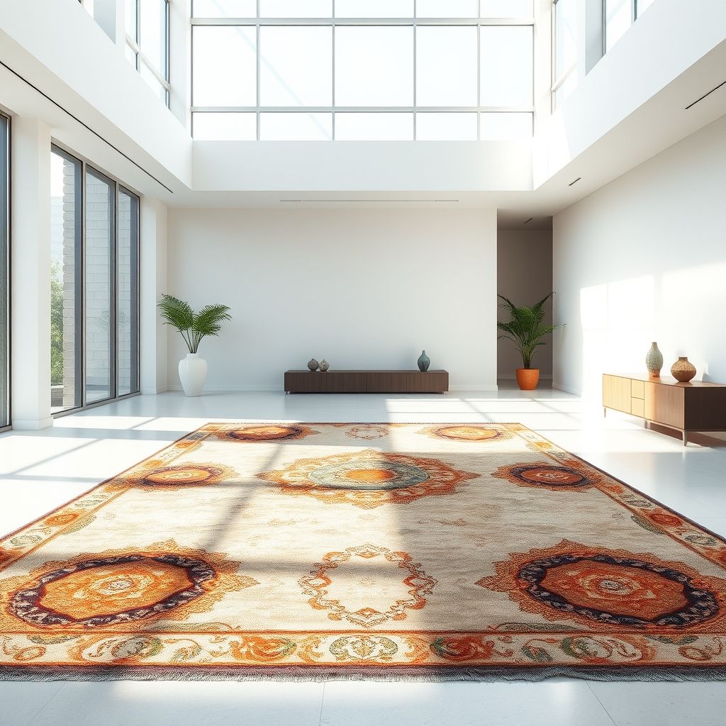Un tapis au design contemporain dans un intérieur lumineux et épuré, symbole d'innovation et d'élégance.