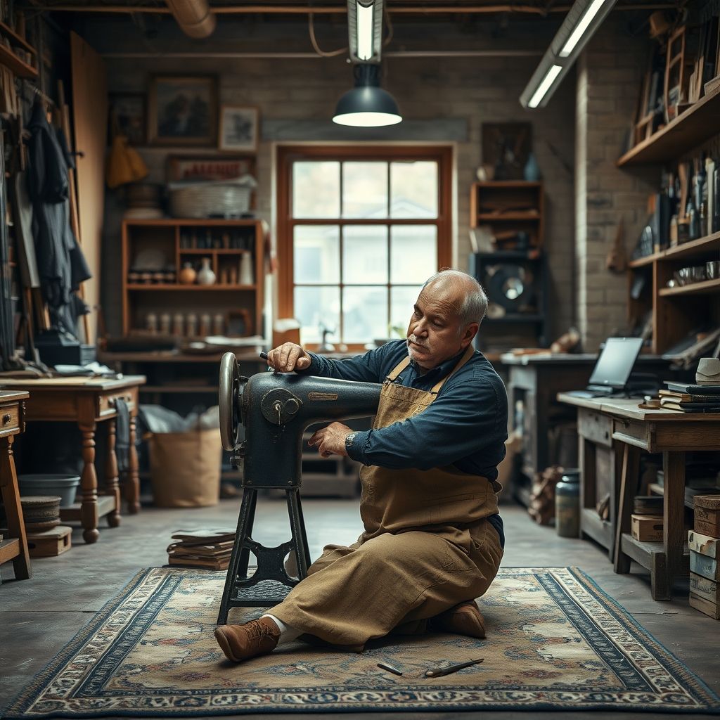 Un artisan, vêtu d'un tablier sombre, opère avec soin sur un tapis dans un atelier chic, entouré d’outils traditionnels et d’une atmosphère inspirante, symbolisant l’excellence artisanale.