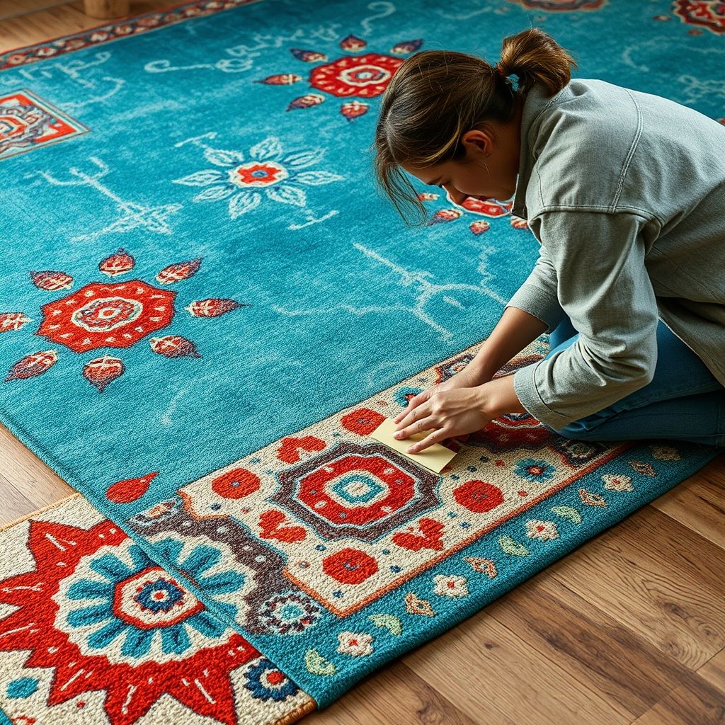 Gros plan sur un artisan tissant un tapis turquoise aux motifs vibrants, utilisant des techniques traditionnelles dans un atelier moderne. Les détails et les textures sont mis en valeur, reflétant la qualité et le soin apportés à chaque pièce.