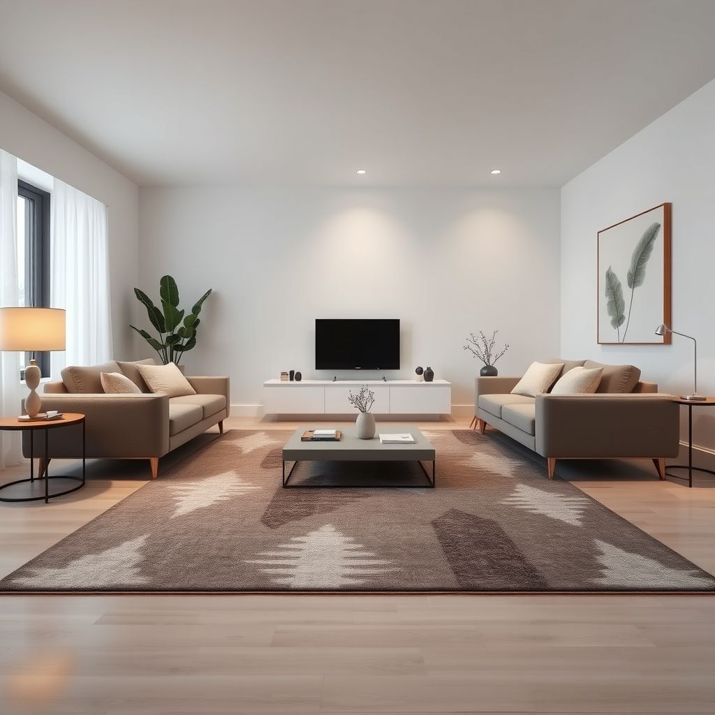 Un tapis au design contemporain et motifs sobres, posé dans un salon moderne. La couleur et la texture s’harmonisent parfaitement avec un décor épuré.